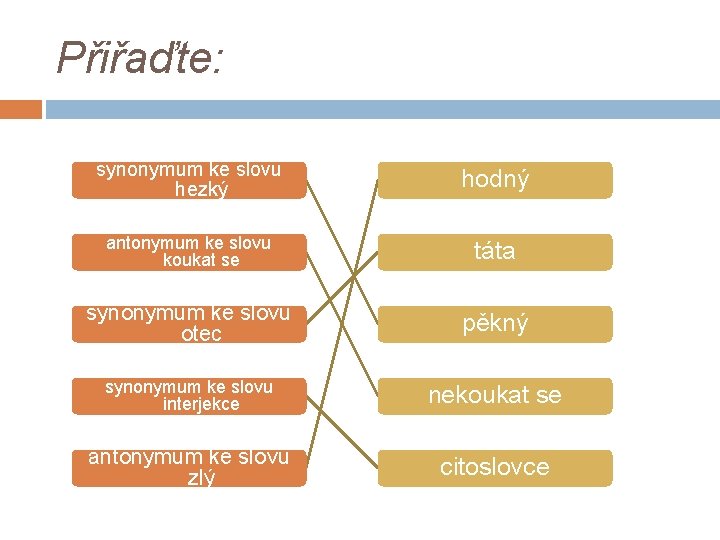 Přiřaďte: synonymum ke slovu hezký hodný antonymum ke slovu koukat se táta synonymum ke