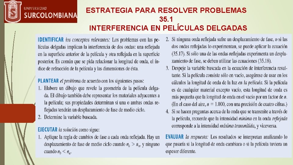 ESTRATEGIA PARA RESOLVER PROBLEMAS 35. 1 INTERFERENCIA EN PELÍCULAS DELGADAS 