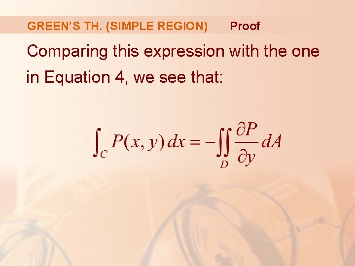 GREEN’S TH. (SIMPLE REGION) Proof Comparing this expression with the one in Equation 4,