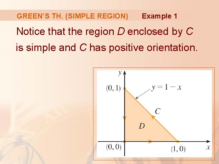 GREEN’S TH. (SIMPLE REGION) Example 1 Notice that the region D enclosed by C