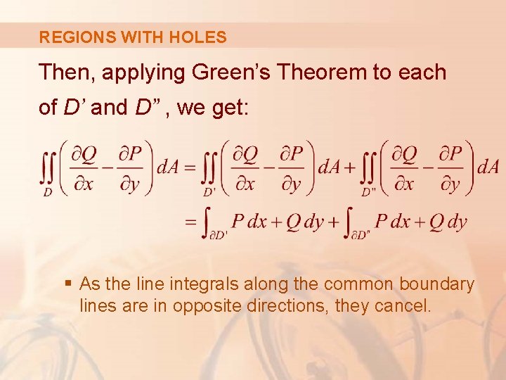 REGIONS WITH HOLES Then, applying Green’s Theorem to each of D’ and D” ,