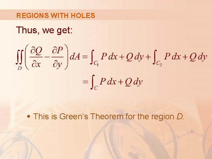 REGIONS WITH HOLES Thus, we get: § This is Green’s Theorem for the region