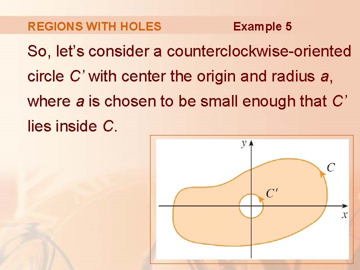 REGIONS WITH HOLES Example 5 So, let’s consider a counterclockwise-oriented circle C’ with center