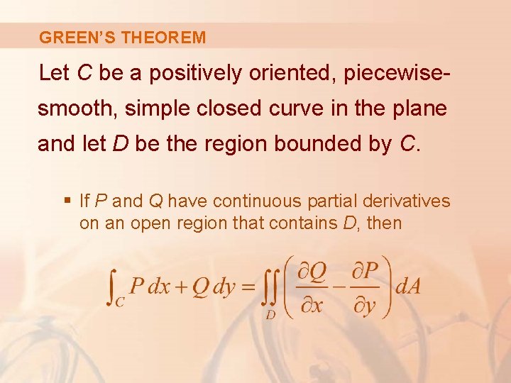 GREEN’S THEOREM Let C be a positively oriented, piecewisesmooth, simple closed curve in the