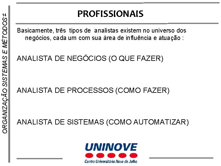 ORGANIZAÇÃO SISTEMAS E MÉTODOS 14 PROFISSIONAIS Basicamente, três tipos de analistas existem no universo