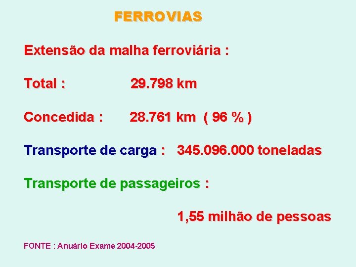 FERROVIAS Extensão da malha ferroviária : Total : 29. 798 km Concedida : 28.