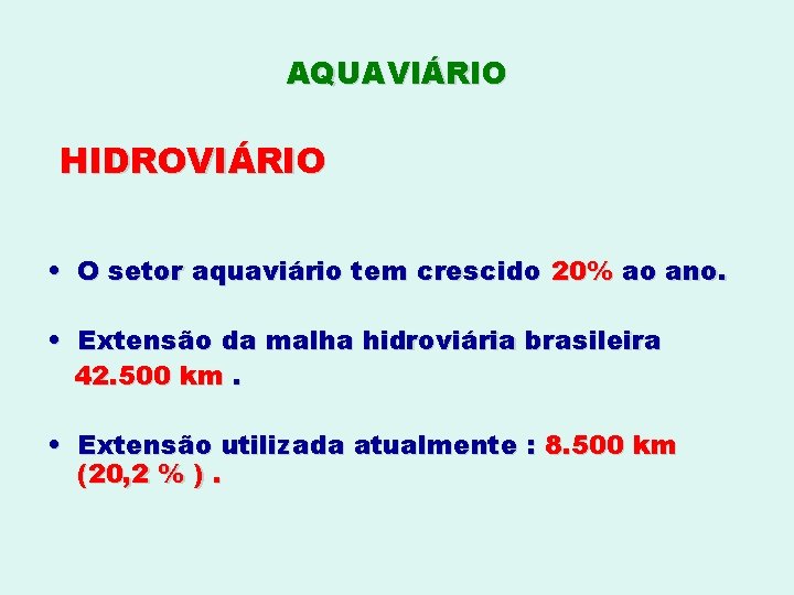AQUAVIÁRIO HIDROVIÁRIO • O setor aquaviário tem crescido 20% ao ano. • Extensão da