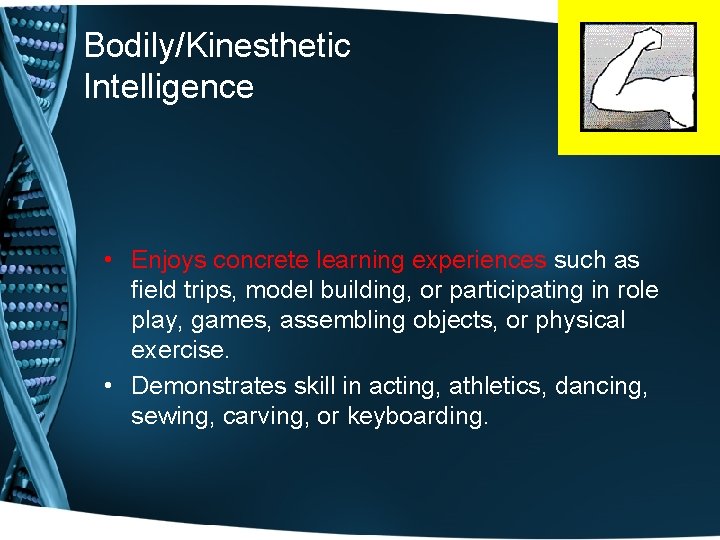 Bodily/Kinesthetic Intelligence • Enjoys concrete learning experiences such as field trips, model building, or Bodily/Kinesthetic Intelligence • Enjoys concrete learning experiences such as field trips, model building, or
