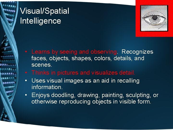 Visual/Spatial Intelligence • Learns by seeing and observing. Recognizes faces, objects, shapes, colors, details, Visual/Spatial Intelligence • Learns by seeing and observing. Recognizes faces, objects, shapes, colors, details,
