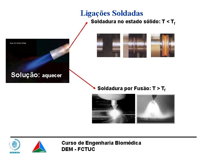 Ligações Soldadas Soldadura no estado sólido: T < Tf Solução: aquecer Soldadura por Fusão: Ligações Soldadas Soldadura no estado sólido: T < Tf Solução: aquecer Soldadura por Fusão: