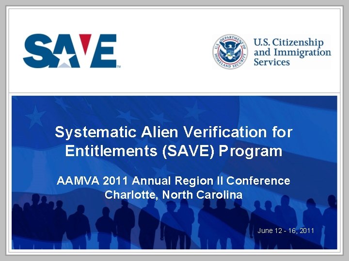 Systematic Alien Verification for Entitlements (SAVE) Program AAMVA 2011 Annual Region II Conference Charlotte,