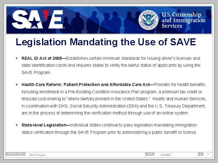 Legislation Mandating the Use of SAVE REAL ID Act of 2005—Establishes certain minimum standards