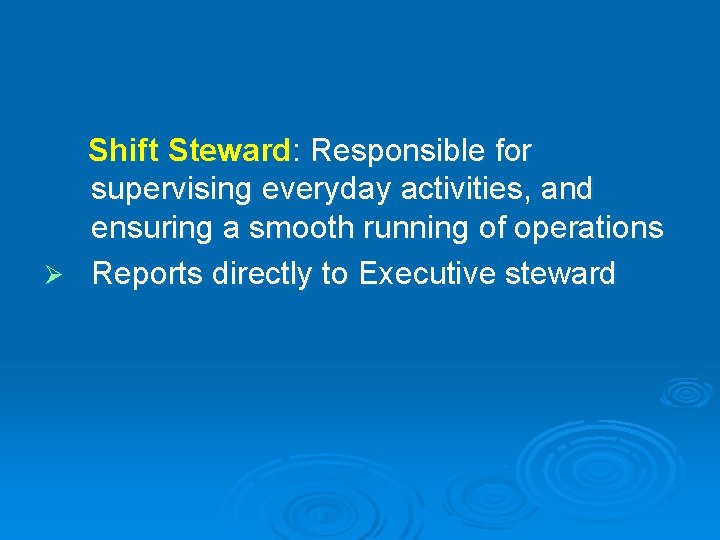 Shift Steward: Responsible for supervising everyday activities, and ensuring a smooth running of operations