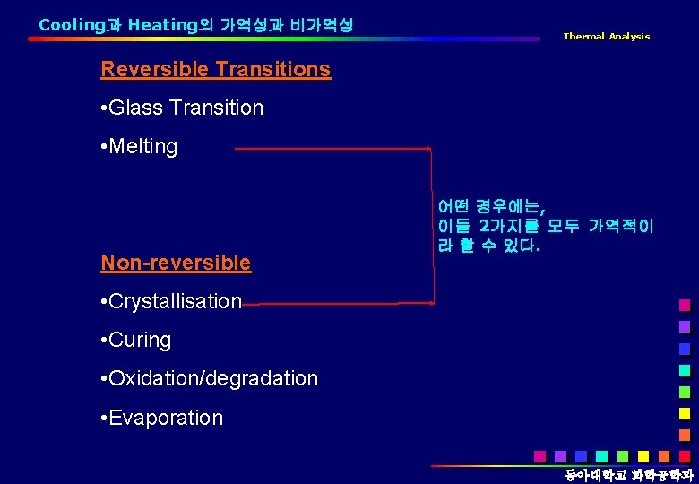 Cooling과 Heating의 가역성과 비가역성 Thermal Analysis Reversible Transitions • Glass Transition • Melting Non-reversible