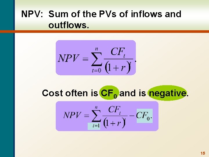 NPV: Sum of the PVs of inflows and outflows. Cost often is CF 0