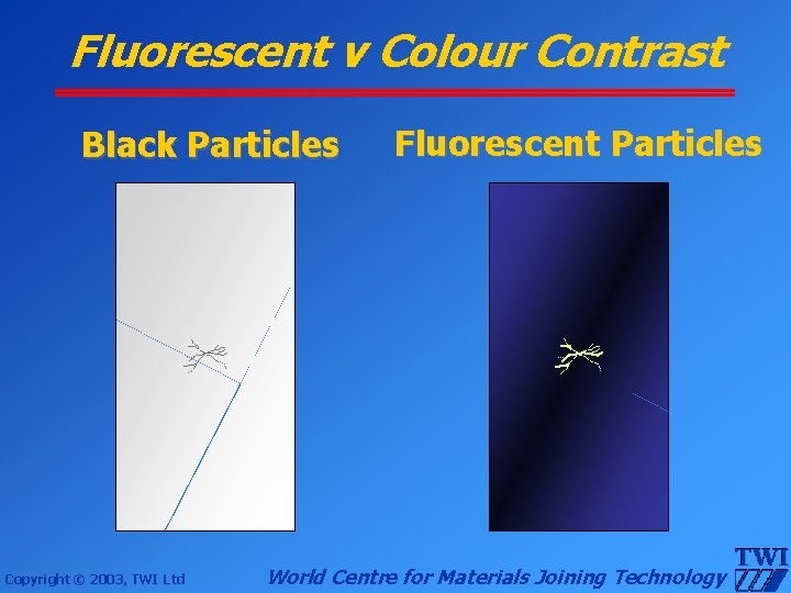 Fluorescent v Colour Contrast Black Particles Copyright © 2003, TWI Ltd Fluorescent Particles World