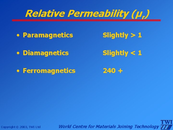 Relative Permeability (µr) • Paramagnetics Slightly > 1 • Diamagnetics Slightly < 1 •