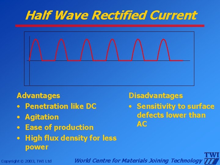 Half Wave Rectified Current Advantages • Penetration like DC • Agitation • Ease of