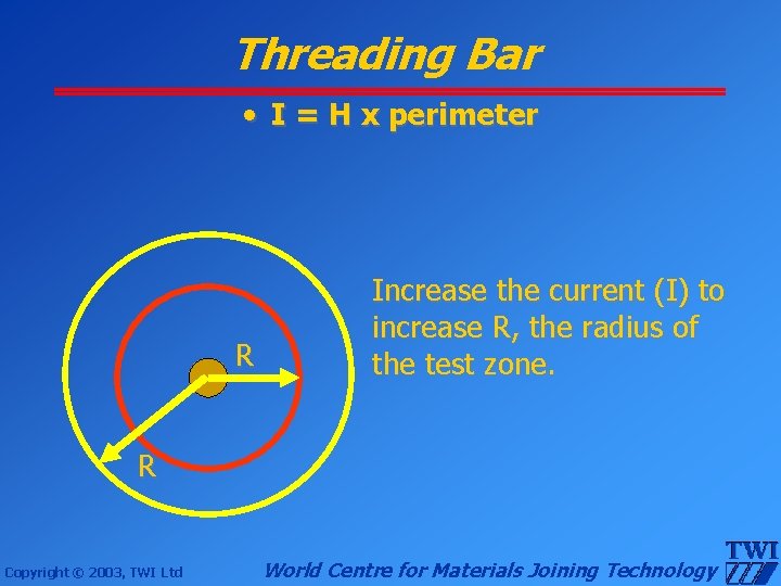 Threading Bar • I = H x perimeter R Increase the current (I) to