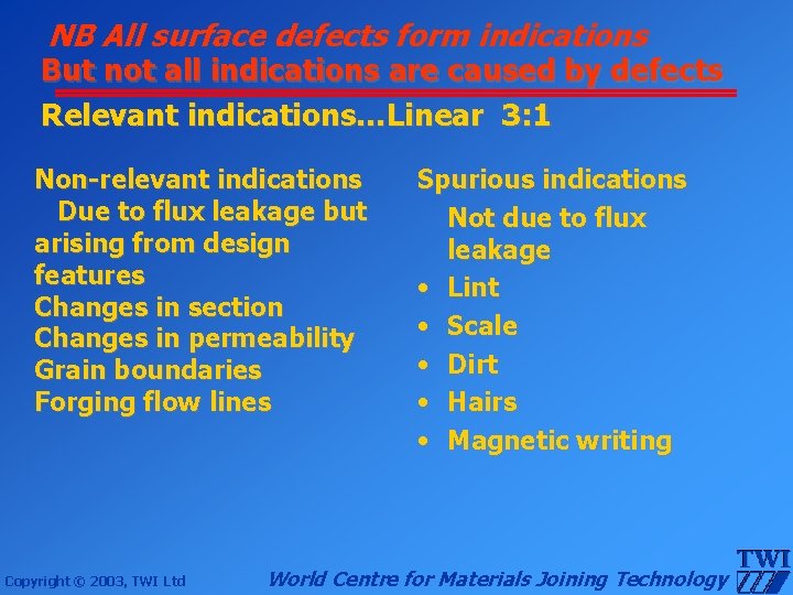 NB All surface defects form indications But not all indications are caused by defects