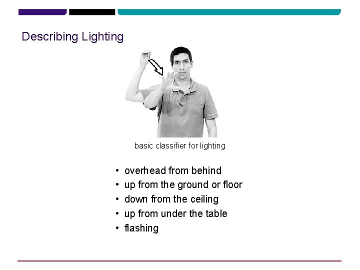 Describing Lighting basic classifier for lighting • • • overhead from behind up from Describing Lighting basic classifier for lighting • • • overhead from behind up from