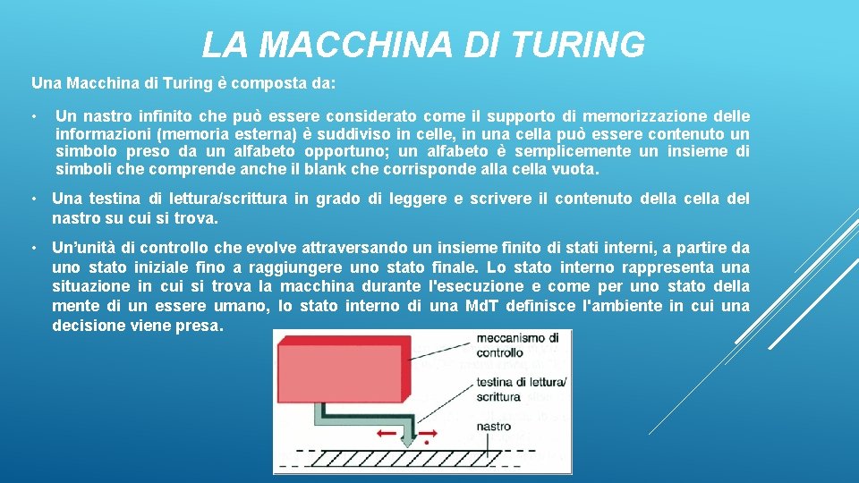 LA MACCHINA DI TURING Una Macchina di Turing è composta da: • Un nastro