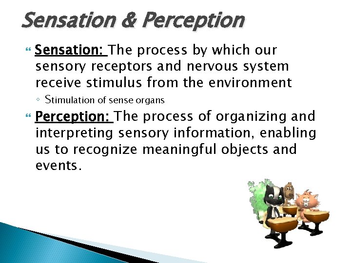 Sensation & Perception Sensation: The process by which our sensory receptors and nervous system