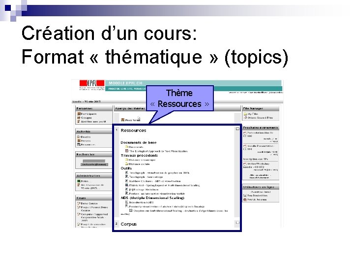 Création d’un cours: Format « thématique » (topics) Thème « Ressources » 
