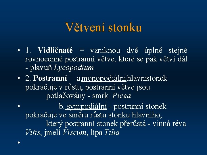 Větvení stonku • 1. Vidličnaté = vzniknou dvě úplně stejné rovnocenné postranní větve, které