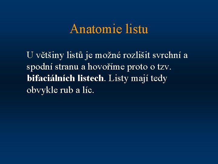 Anatomie listu U většiny listů je možné rozlišit svrchní a spodní stranu a hovoříme