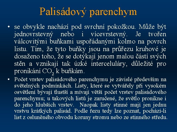 Palisádový parenchym • se obvykle nachází pod svrchní pokožkou. Může být jednovrstevný nebo i