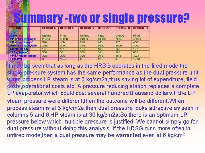 Summary -two or single pressure? It may be seen that as long as the