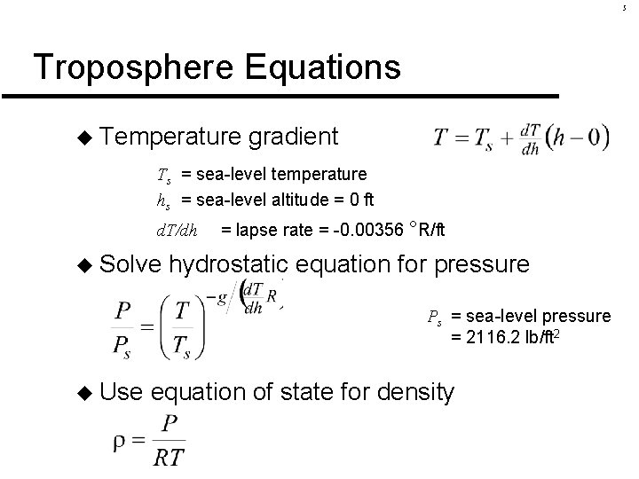 5 Troposphere Equations u Temperature gradient Ts = sea-level temperature hs = sea-level altitude