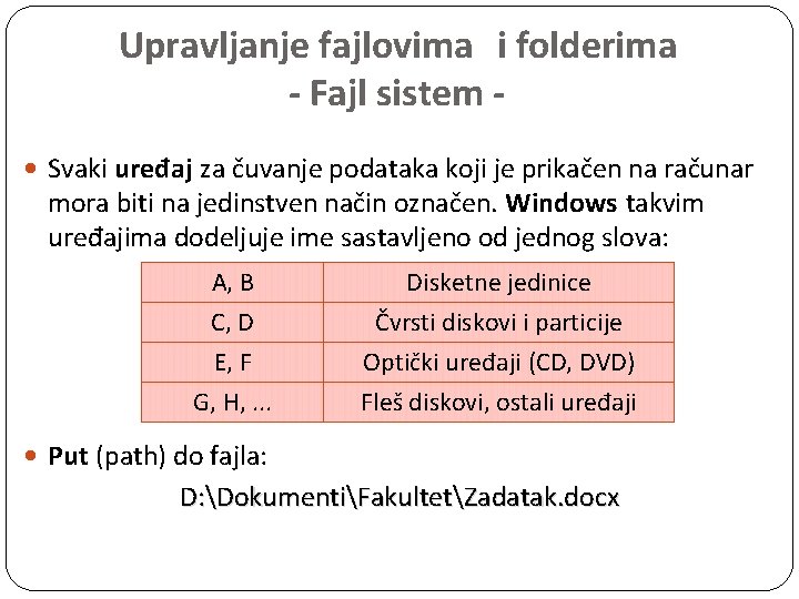 Upravljanje fajlovima i folderima - Fajl sistem Svaki uređaj za čuvanje podataka koji je