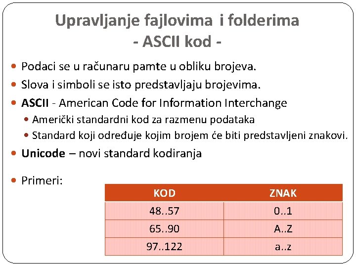 Upravljanje fajlovima i folderima - ASCII kod Podaci se u računaru pamte u obliku