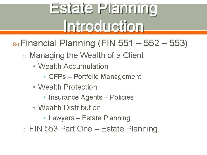 Estate Planning Introduction Financial Planning (FIN 551 – 552 – 553) o Managing the