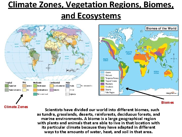 Climate Zones, Vegetation Regions, Biomes, and Ecosystems Biomes Climate Zones Scientists have divided our