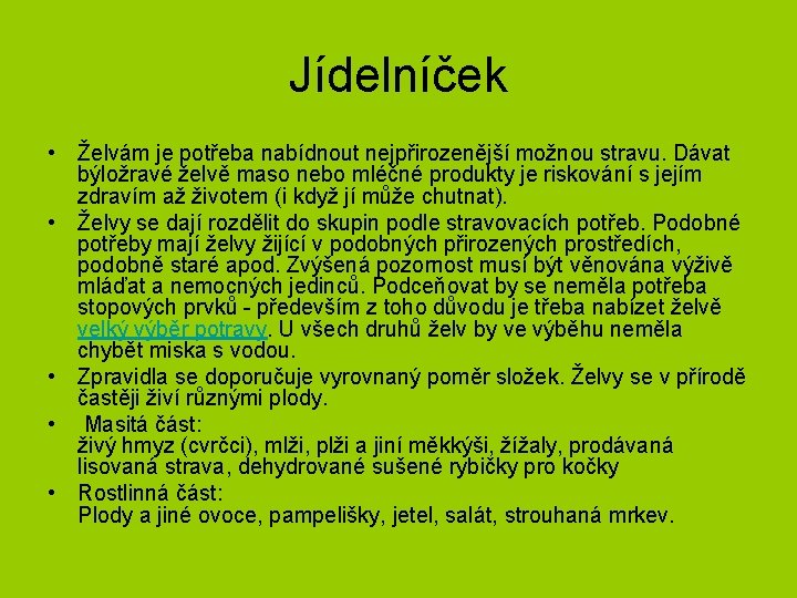 Jídelníček • Želvám je potřeba nabídnout nejpřirozenější možnou stravu. Dávat býložravé želvě maso nebo