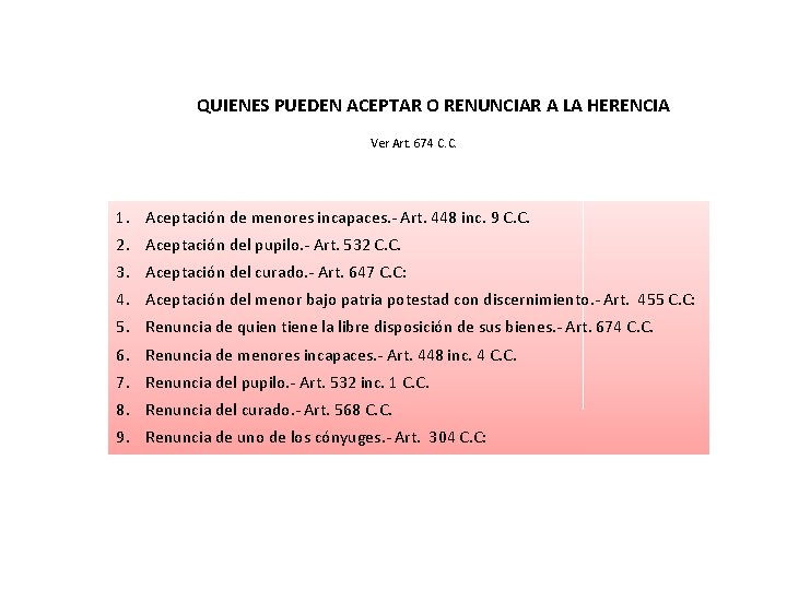 QUIENES PUEDEN ACEPTAR O RENUNCIAR A LA HERENCIA Ver Art. 674 C. C. 1. QUIENES PUEDEN ACEPTAR O RENUNCIAR A LA HERENCIA Ver Art. 674 C. C. 1.