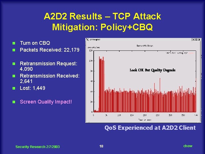 A 2 D 2 Results – TCP Attack Mitigation: Policy+CBQ Turn on CBQ n