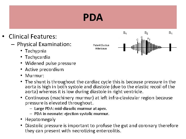 PDA • Clinical Features: – Physical Examination: Tachypnia Tachycardia Widened pulse pressure Active precordium