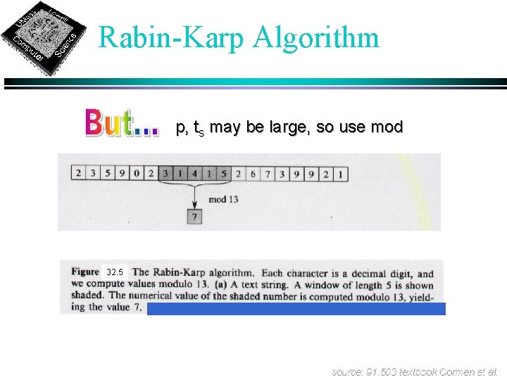 Rabin-Karp Algorithm p, ts may be large, so use mod 32. 5 source: 91.