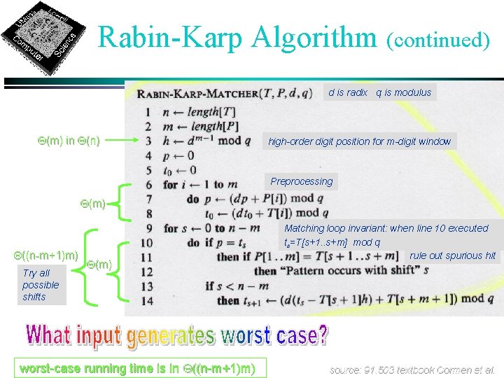 Rabin-Karp Algorithm (continued) d is radix q is modulus Q(m) in Q(n) high-order digit
