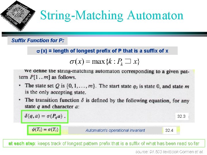 String-Matching Automaton Suffix Function for P: s (x) = length of longest prefix of