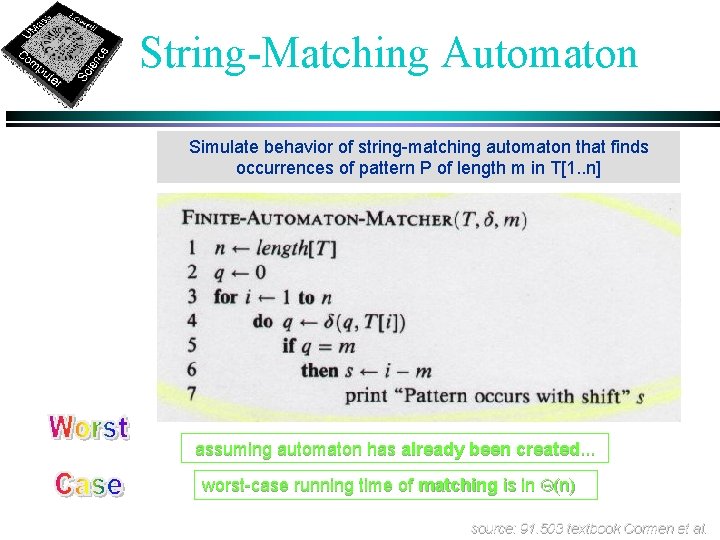 String-Matching Automaton Simulate behavior of string-matching automaton that finds occurrences of pattern P of