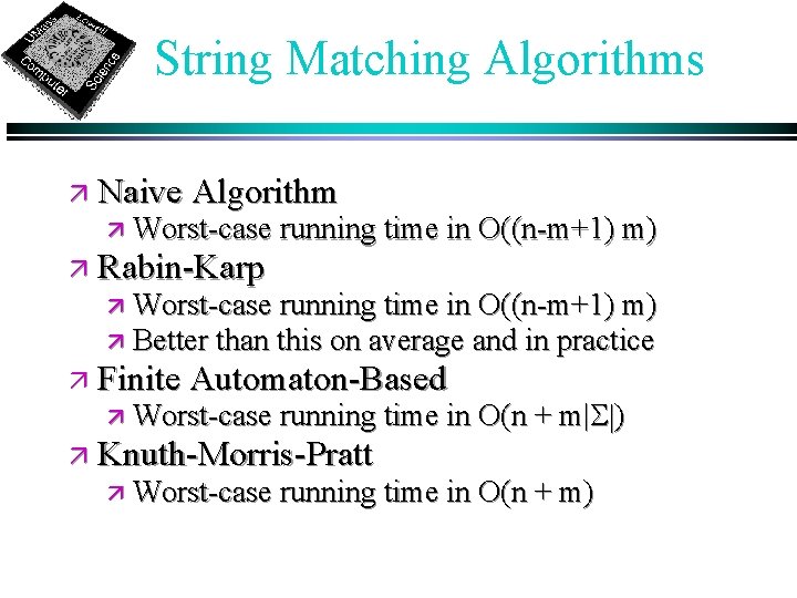 String Matching Algorithms ä Naive Algorithm ä Worst-case running time in O((n-m+1) m) ä