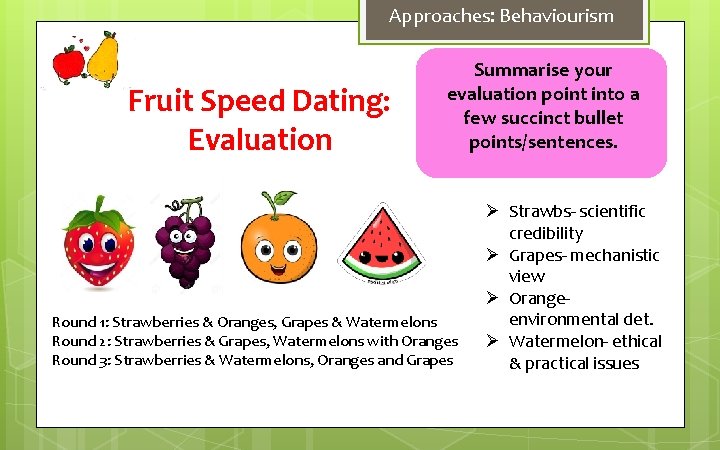 Approaches: Behaviourism Fruit Speed Dating: Evaluation Summarise your evaluation point into a few succinct