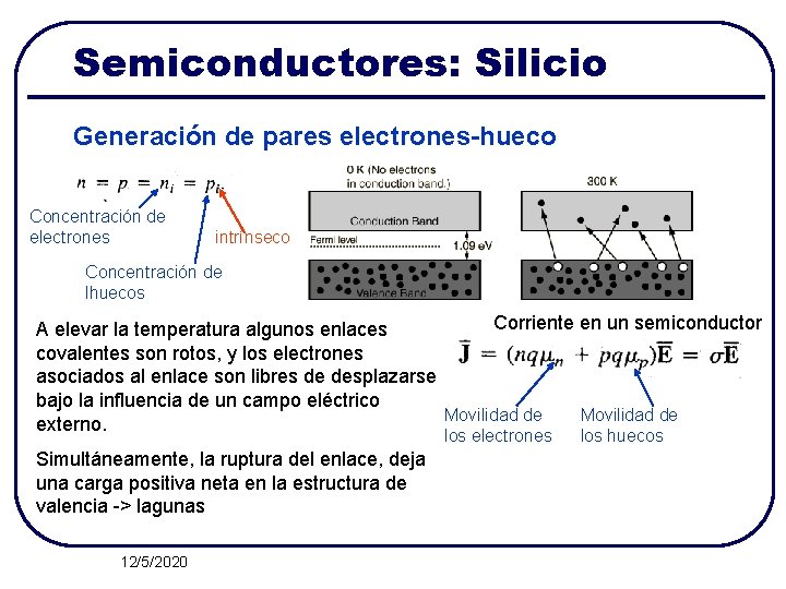 Semiconductores: Silicio Generación de pares electrones-hueco Concentración de electrones intrínseco Concentración de lhuecos Corriente
