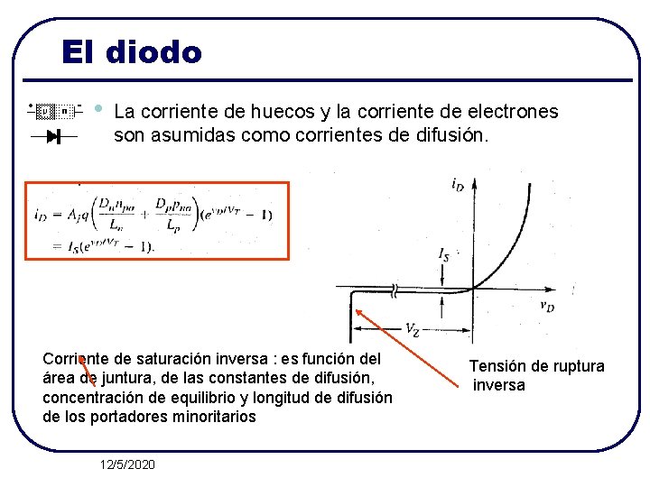 El diodo • La corriente de huecos y la corriente de electrones son asumidas