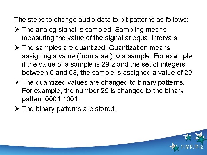 The steps to change audio data to bit patterns as follows: Ø The analog